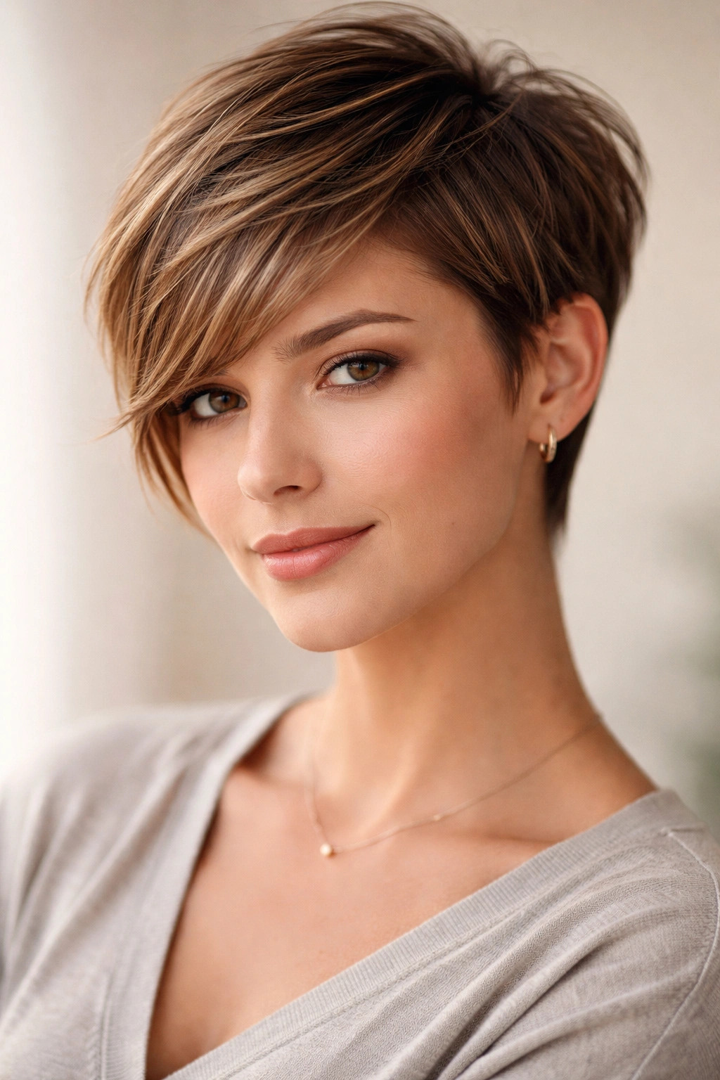 Soft asymmetrical pixie with asymmetric length for a pear-shaped face