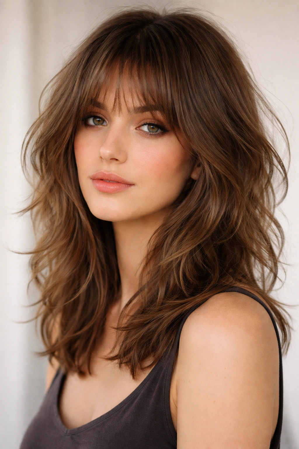 Shag with soft feathered bangs blending into face-framing layers