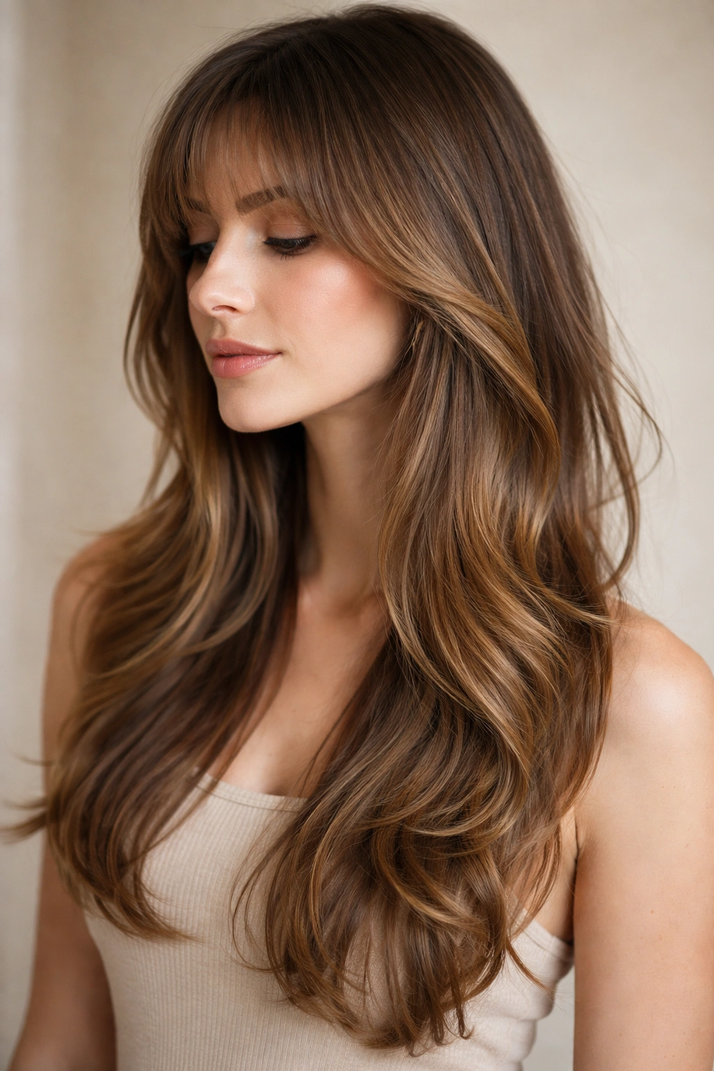 Profile of a person with softly blended bangs and long layers