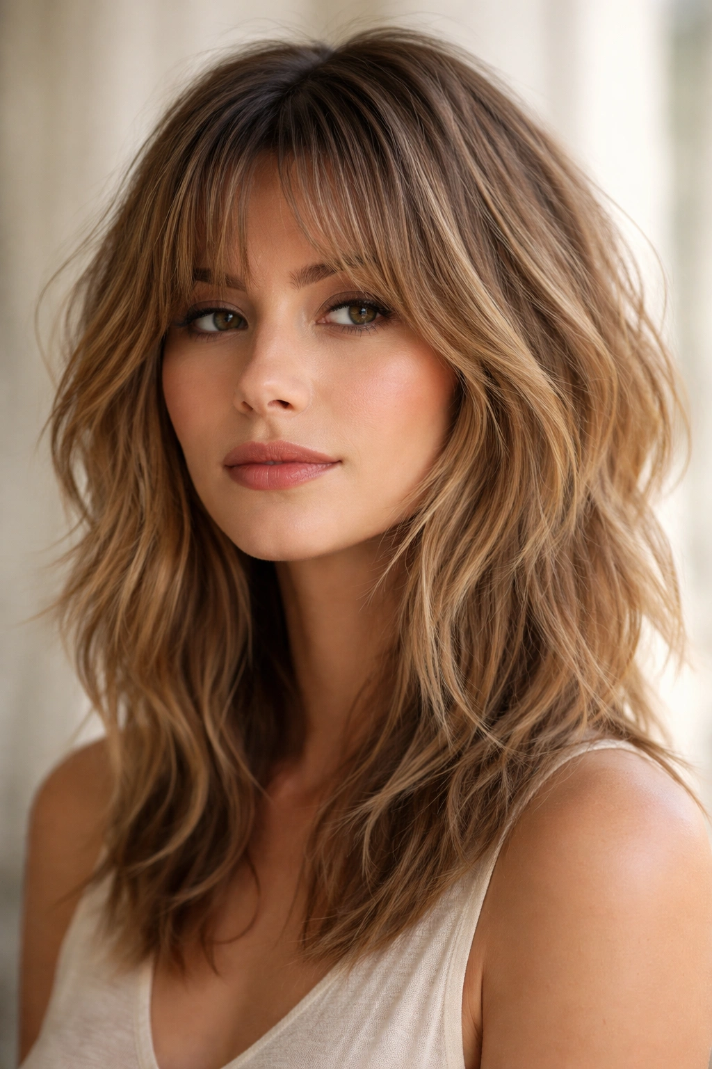Close-up of soft choppy layers shag with subtle texture