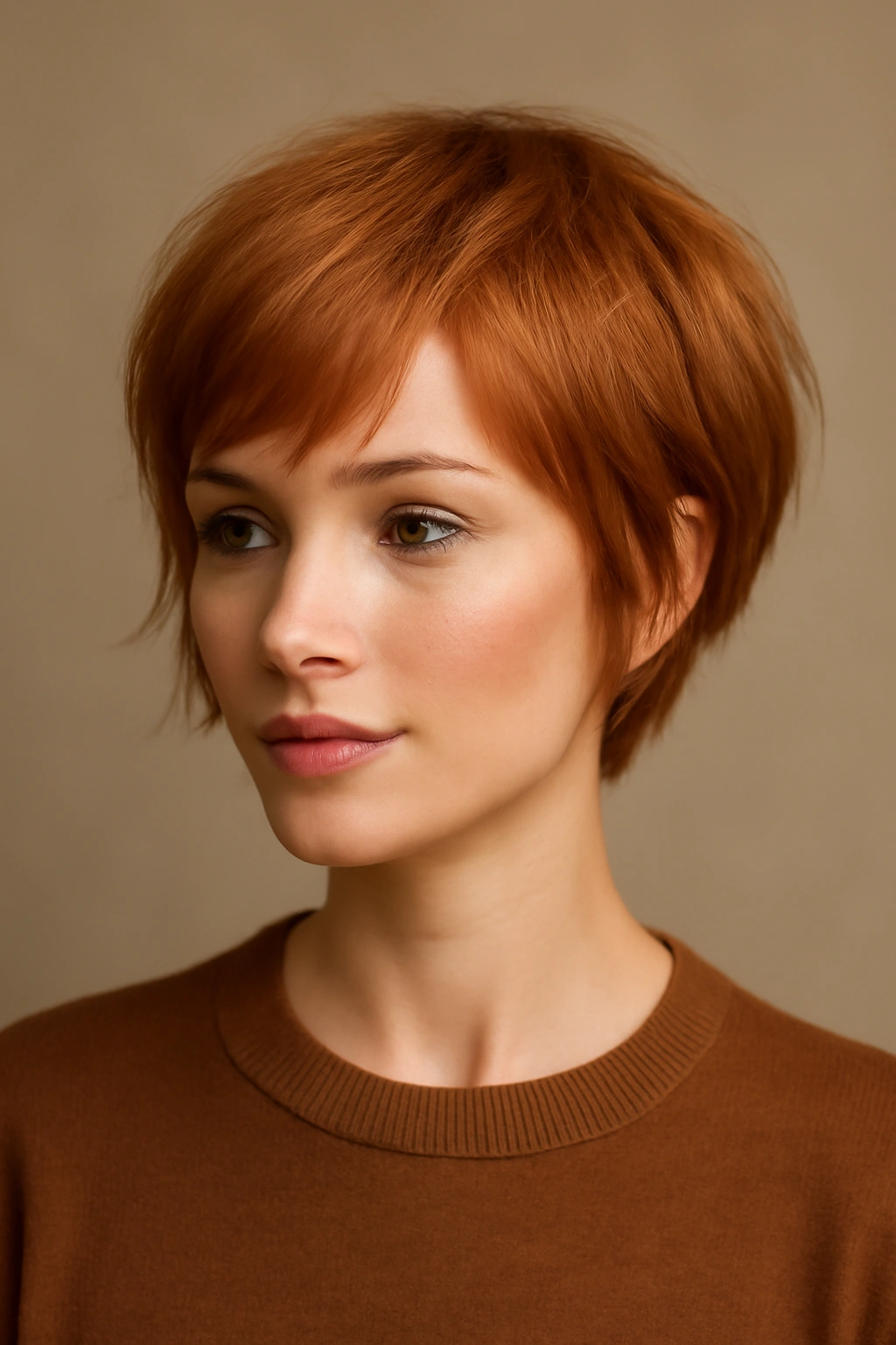 Soft copper pixie bob hybrid with face-framing front pieces.