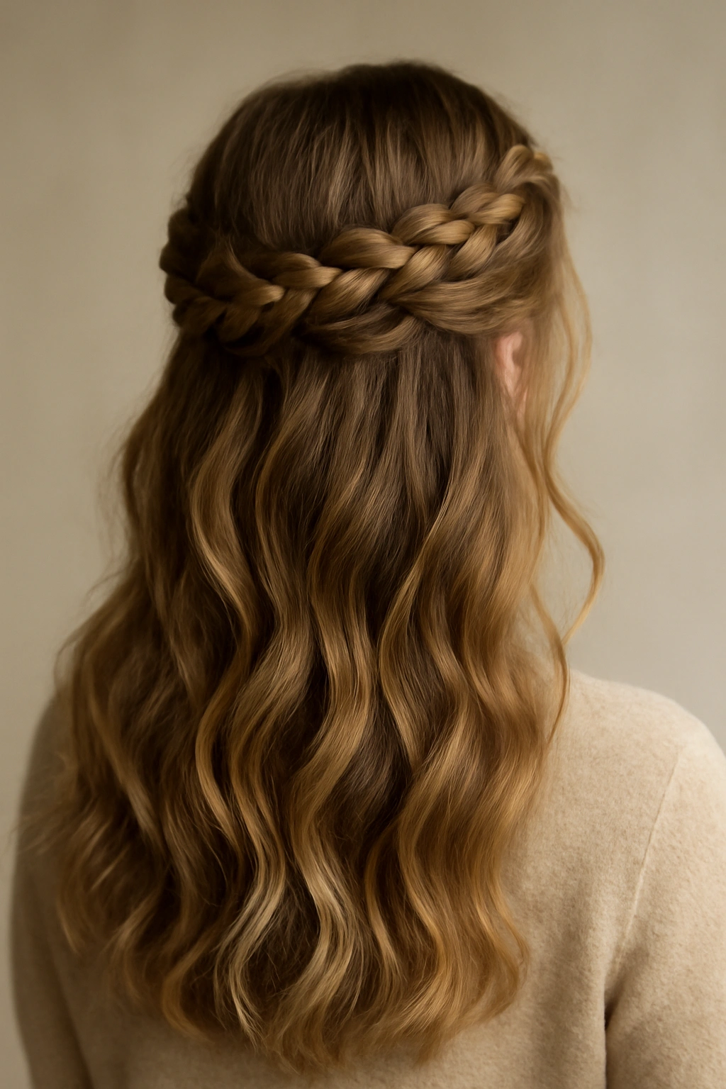 Crown braid encircling head with loose waves below