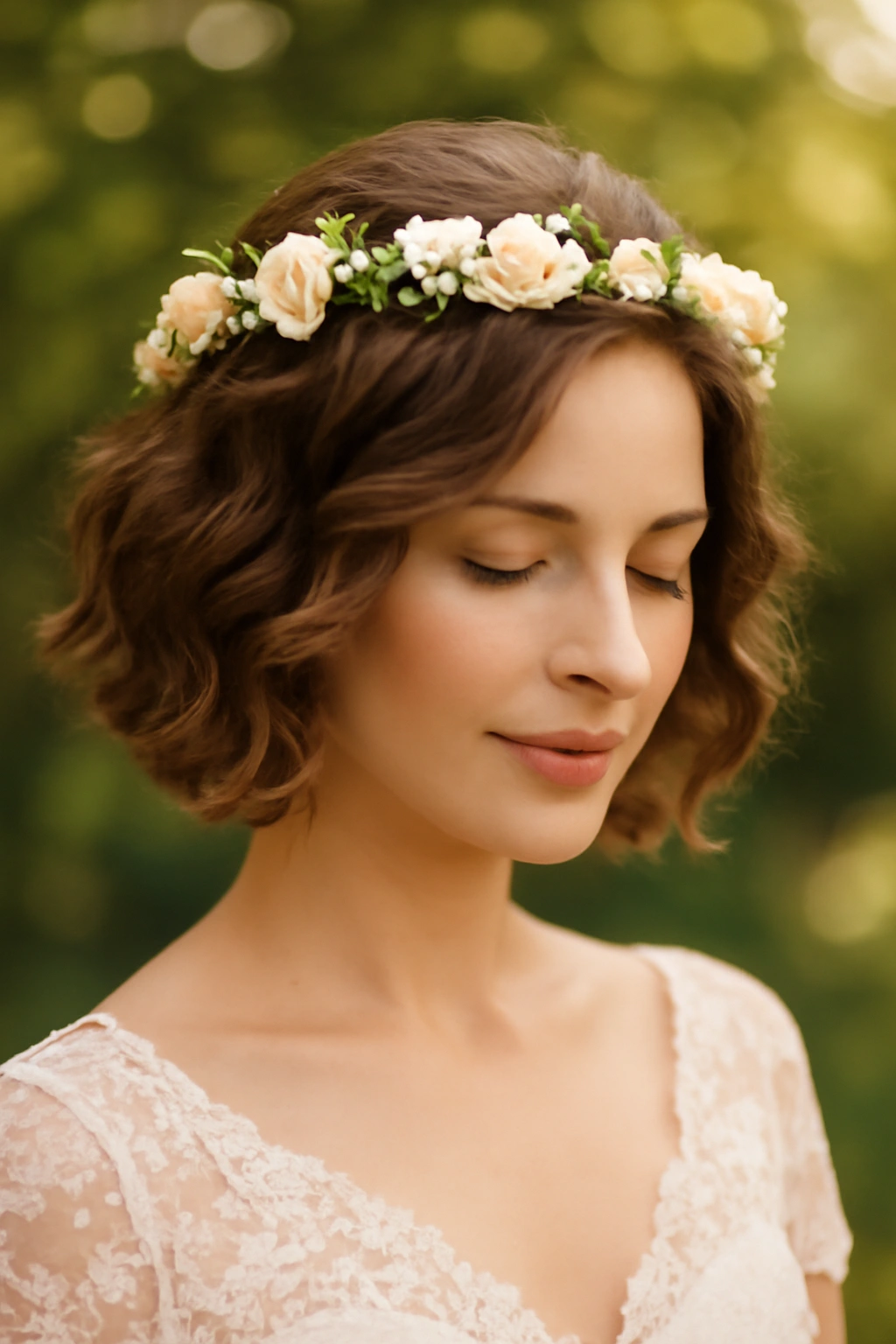 Close-up of short hair with soft curls and a delicate flower crown in a garden bridal setting