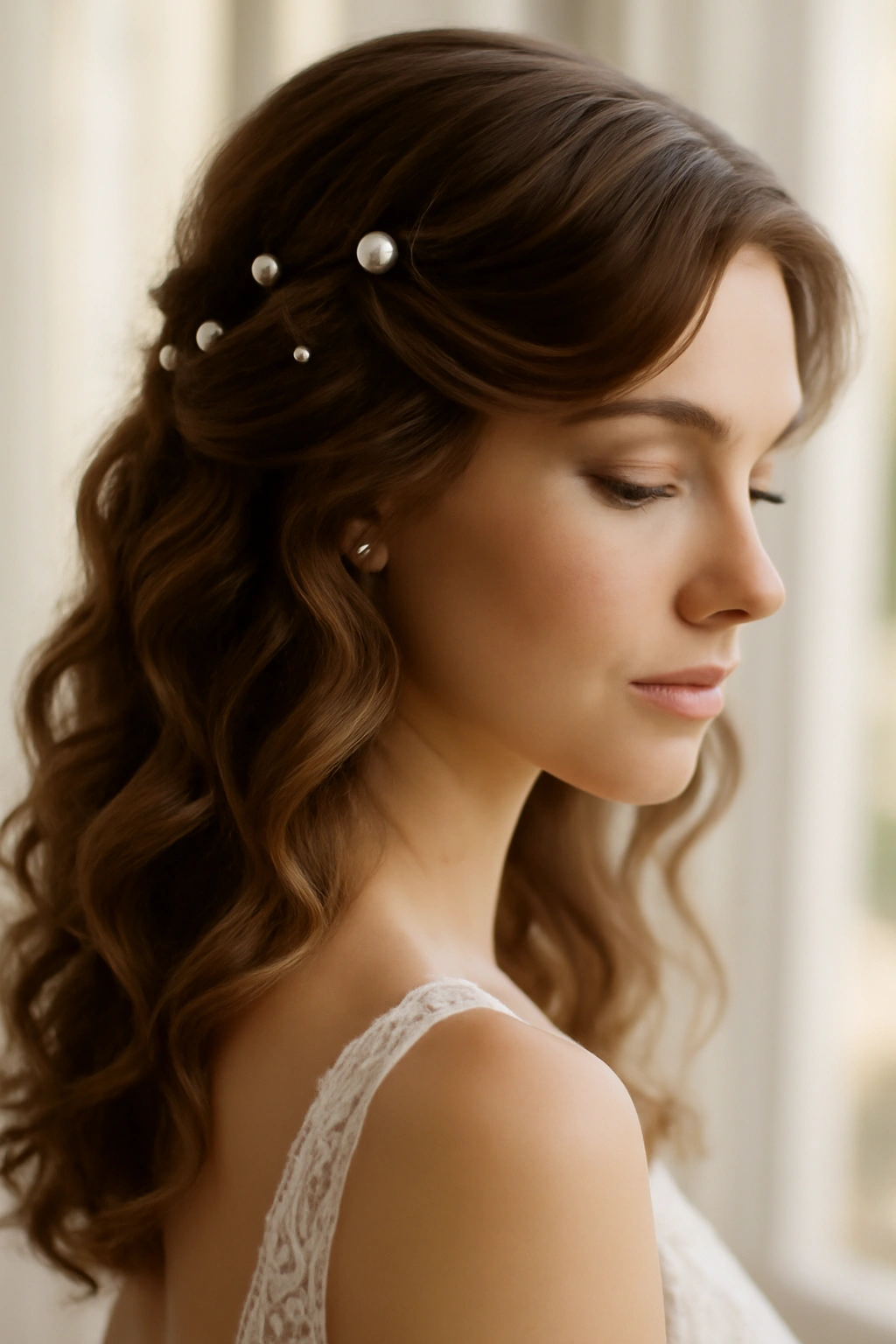 Soft, loose curls with pearl clips for a romantic bridal look