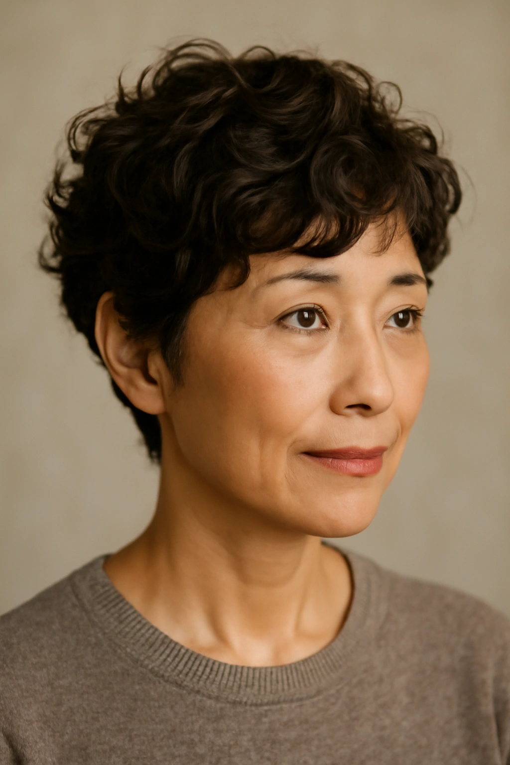 Close-up of a soft-curled pixie cut with natural texture and gentle volume.