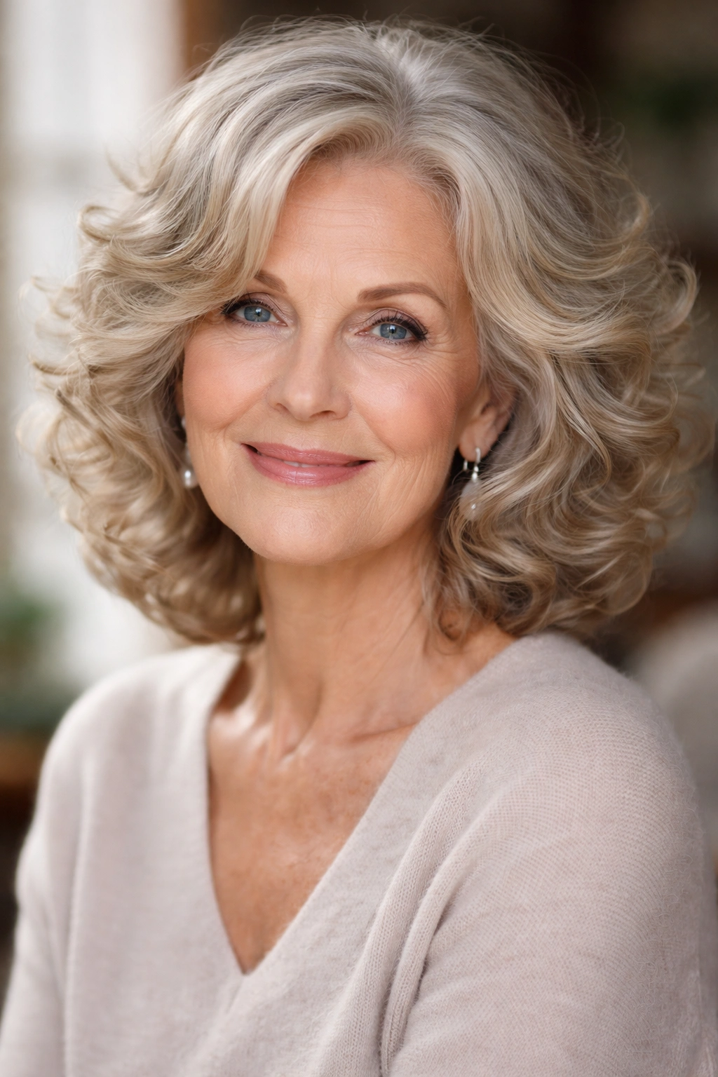 Mature woman with soft curls throughout hair