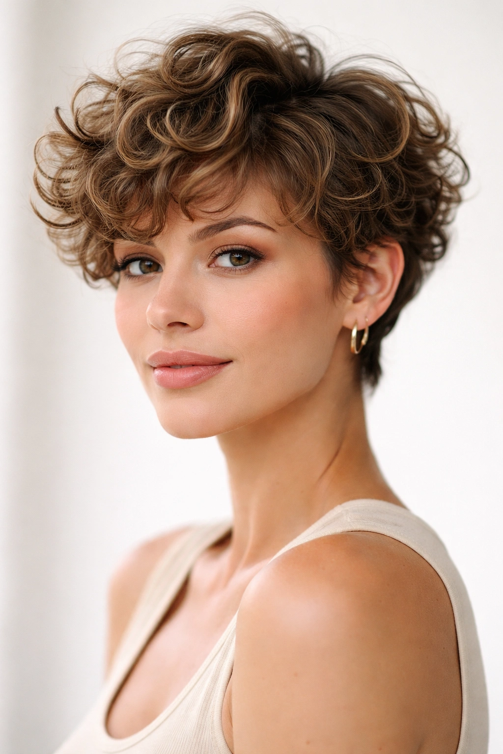 Close-up of soft curly pixie with layered curls and voluminous crown