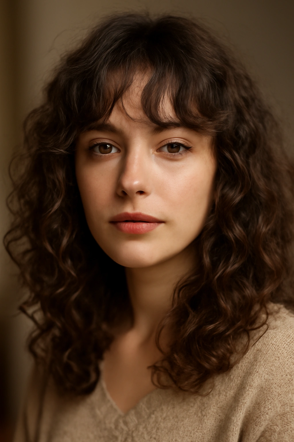 Soft curtain-cut fringe with loose waves on curls.