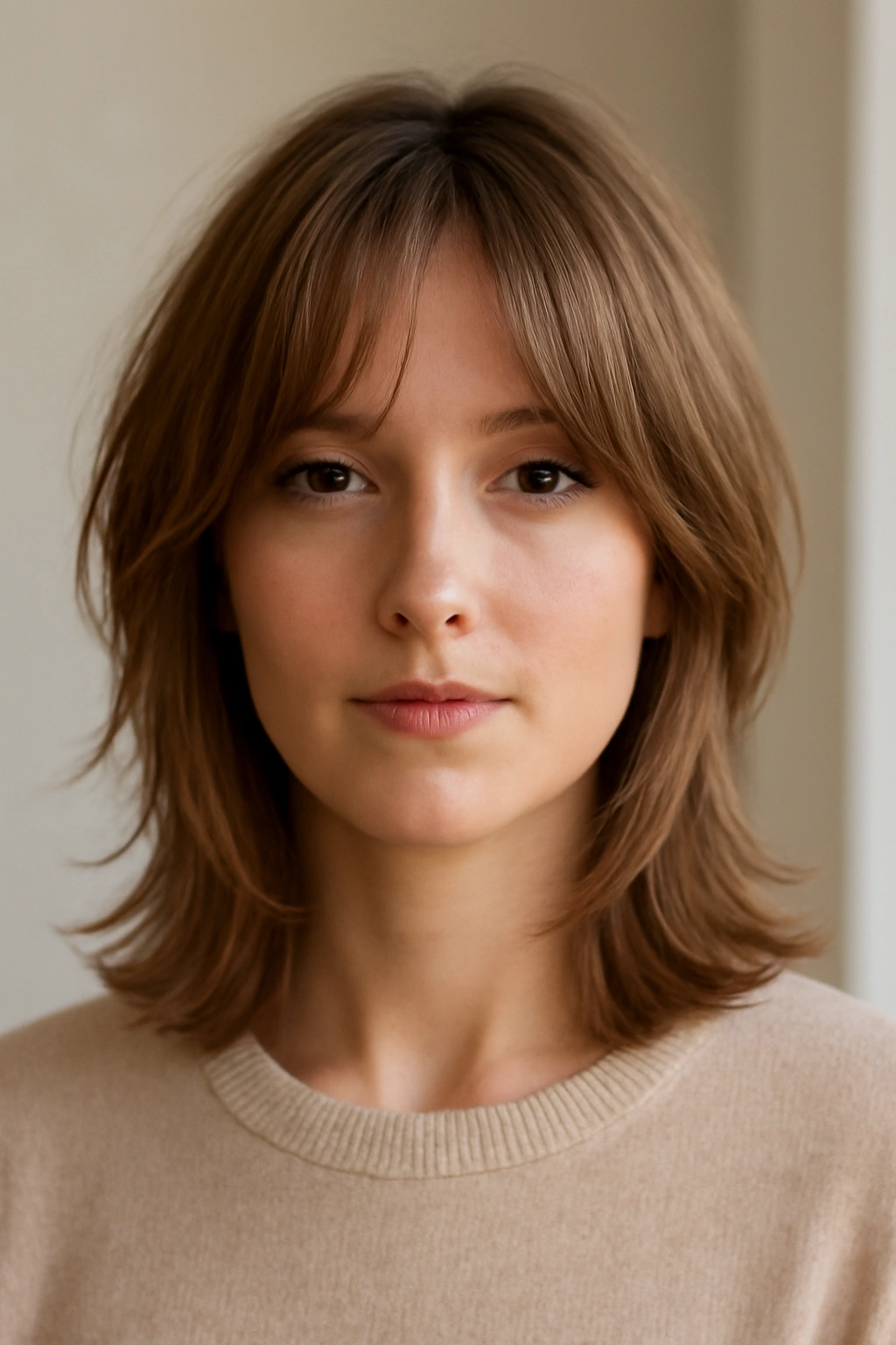 Soft curtain layers with curtain bangs framing the face