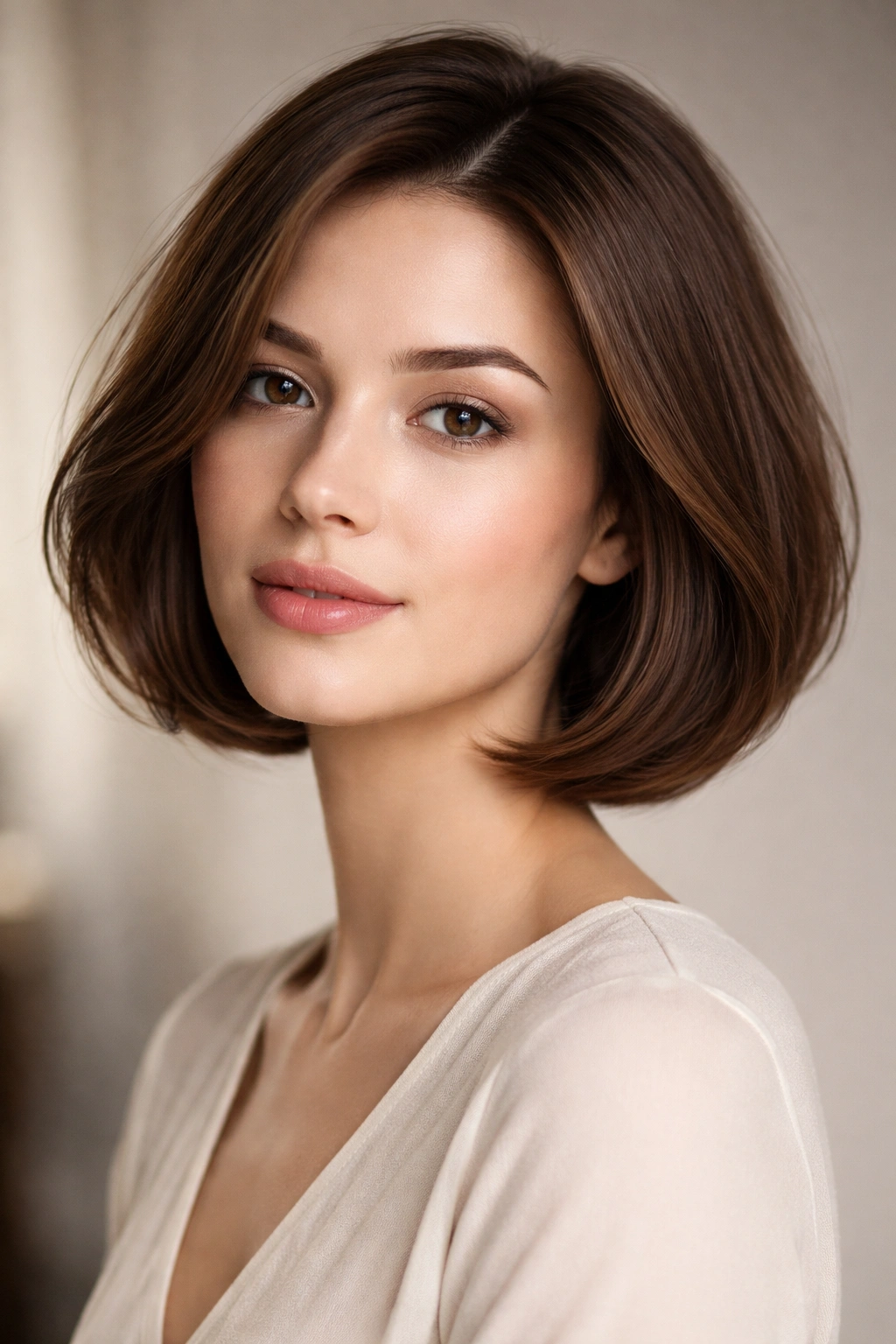 Model wearing a softly curved bob with gentle inward curve and rounded sides
