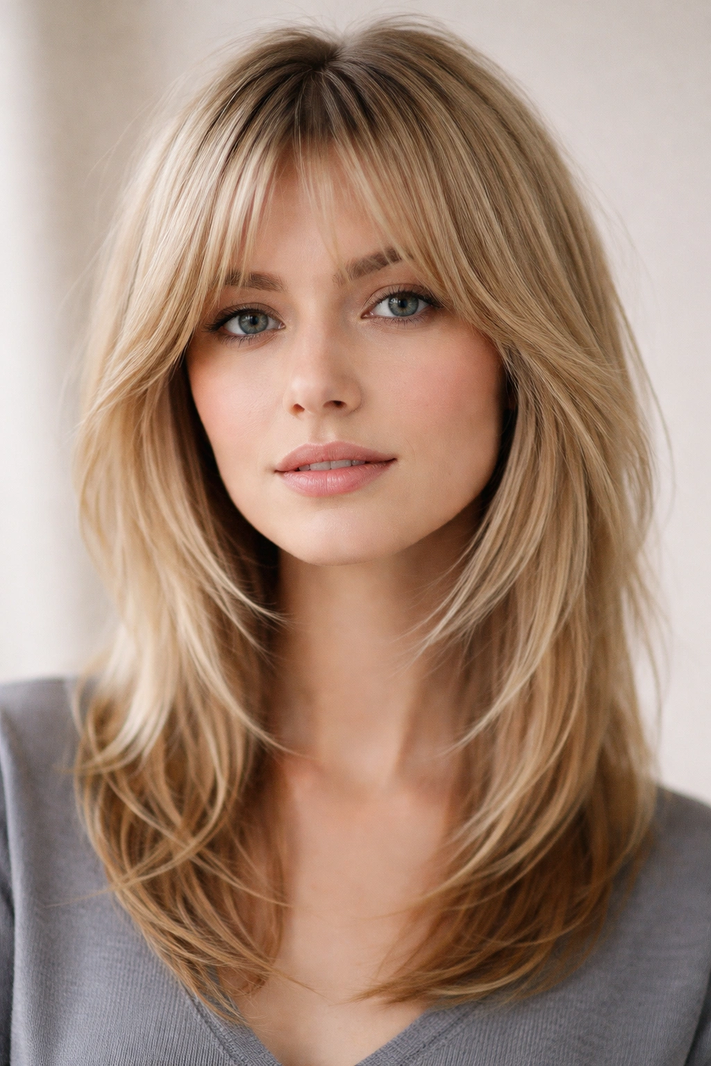 Close-up of fine straight hair with soft face-framing shag layers