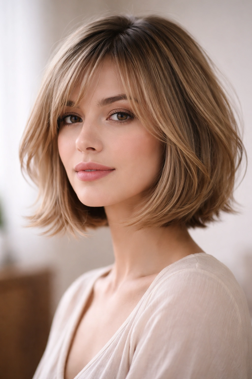 Soft feathered bob with wispy tapered ends and layered texture.