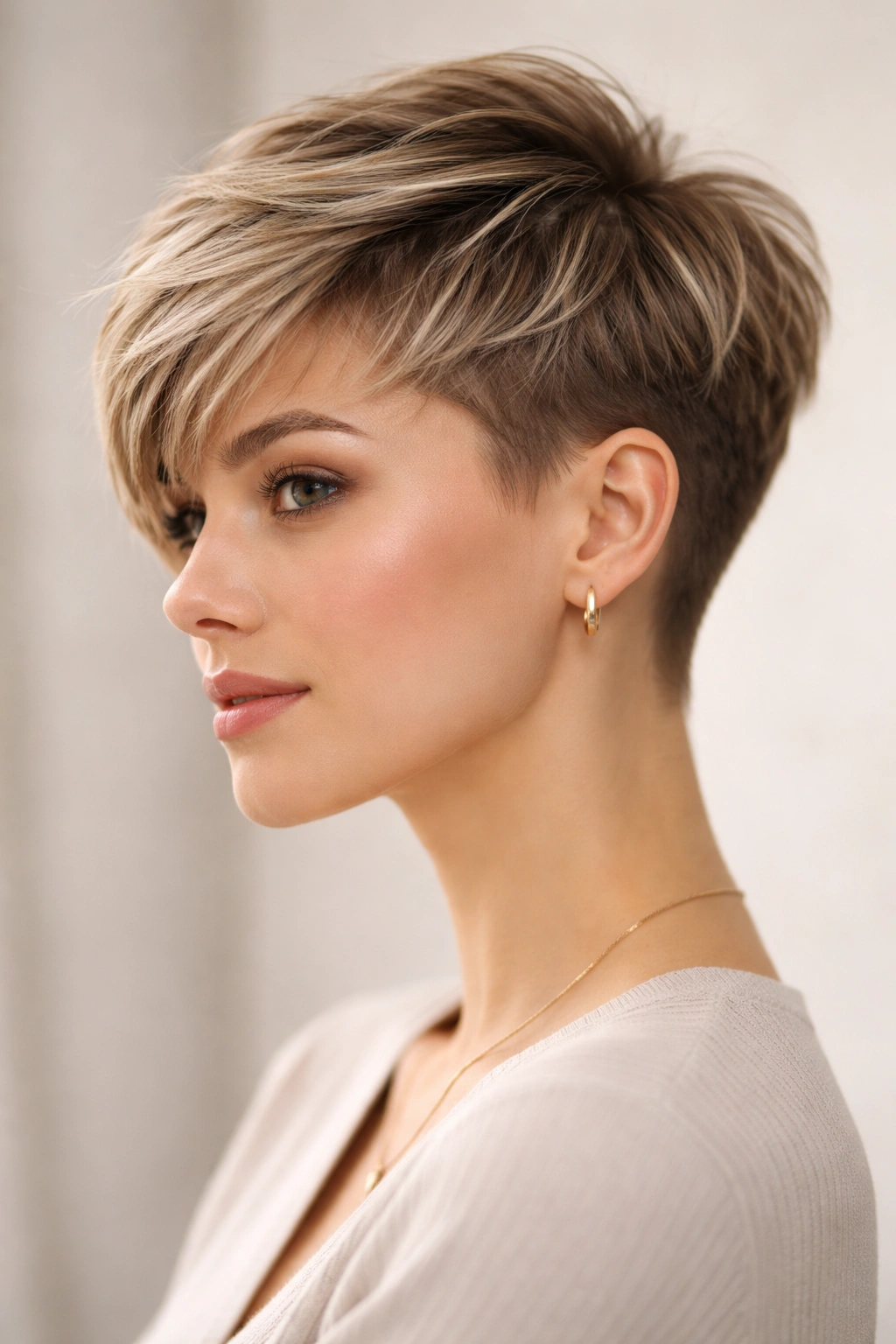 Close-up of a soft feathered undercut pixie with wispy top layers and subtle fade