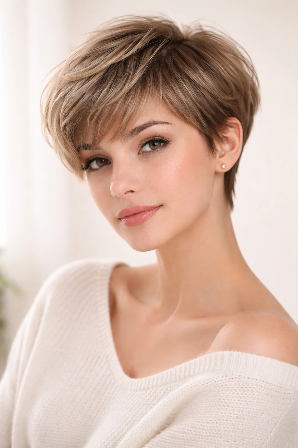 Portrait of a person with a soft feminine pixie featuring rounded layers and feathering