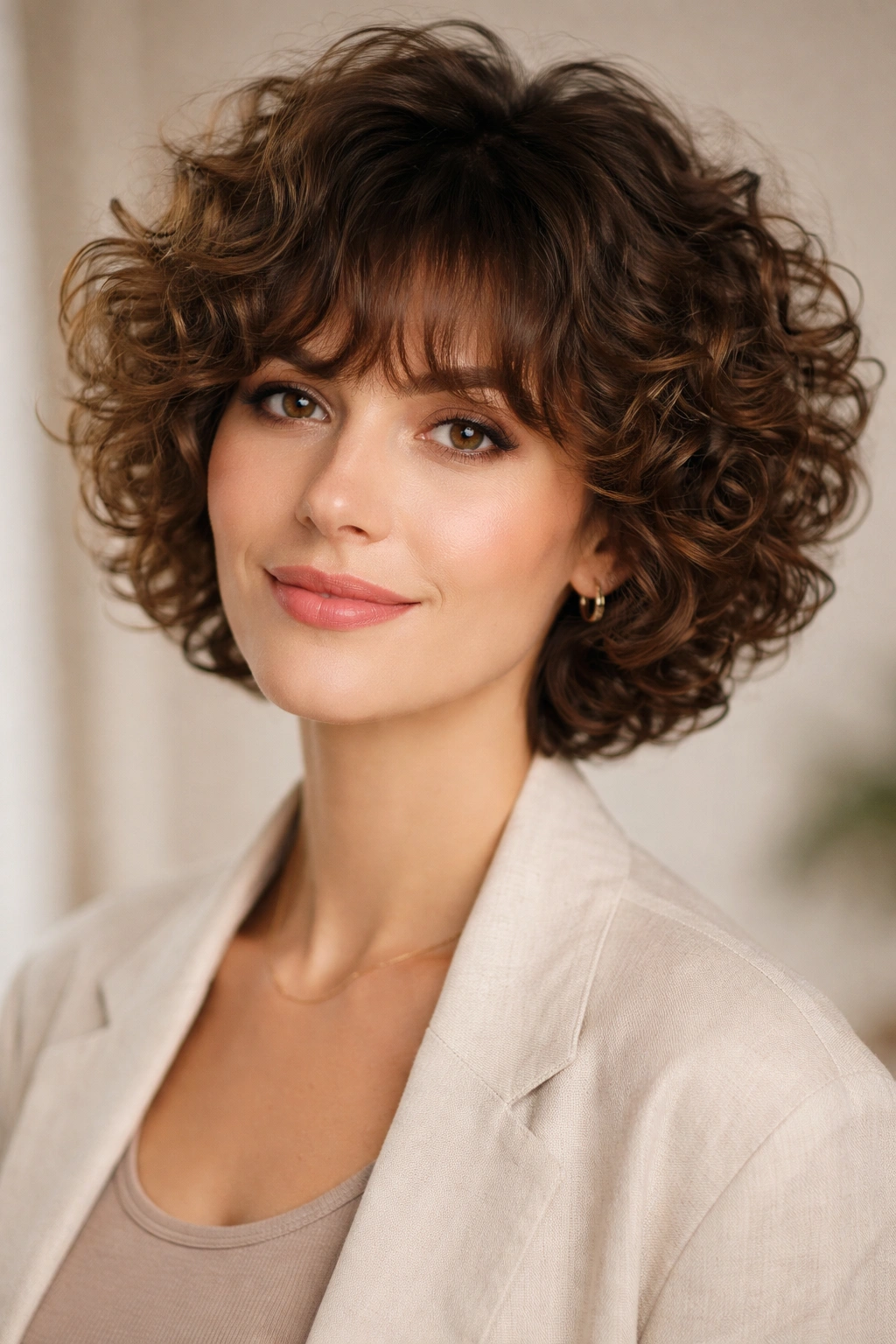 Soft fringe with curly volume and bounce framing the face