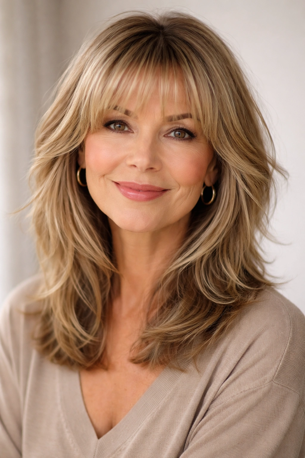 Close-up of a soft fringe blended into choppy layers