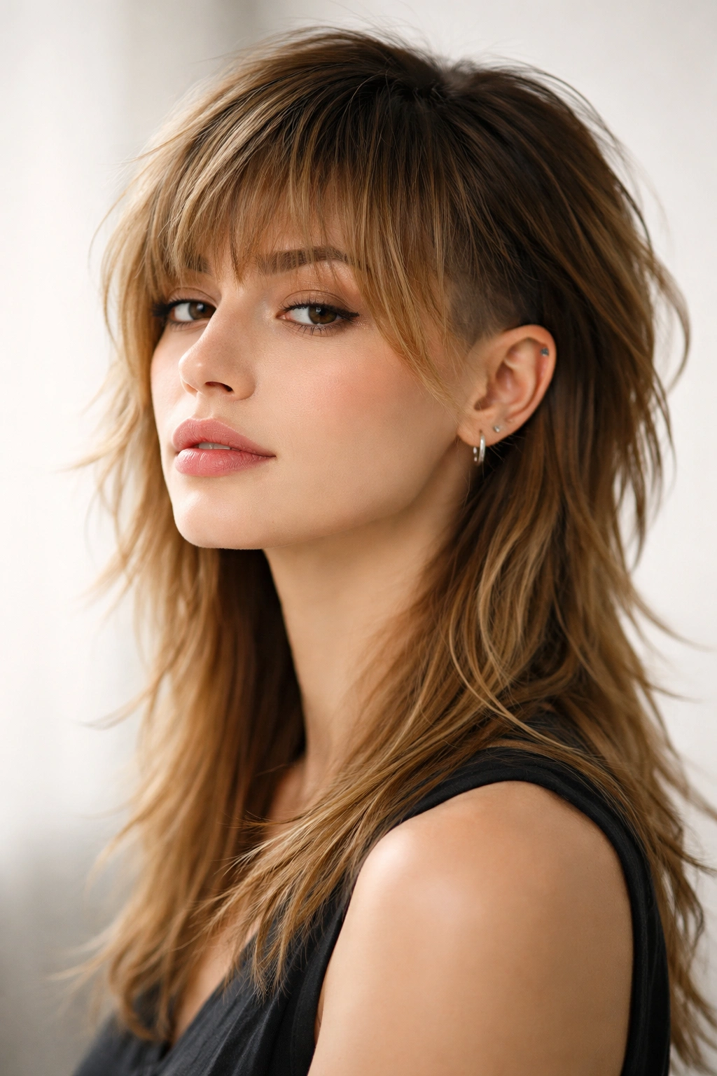 Portrait showing a soft fringe mullet undercut framing the face with delicate fringe texture.