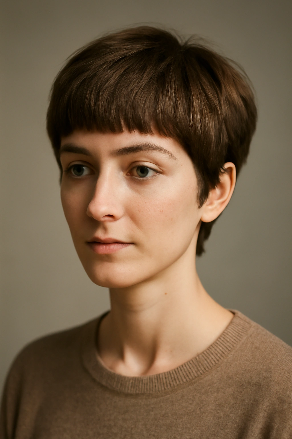 Portrait of soft-fringe pixie on long-face shape with forehead fringe