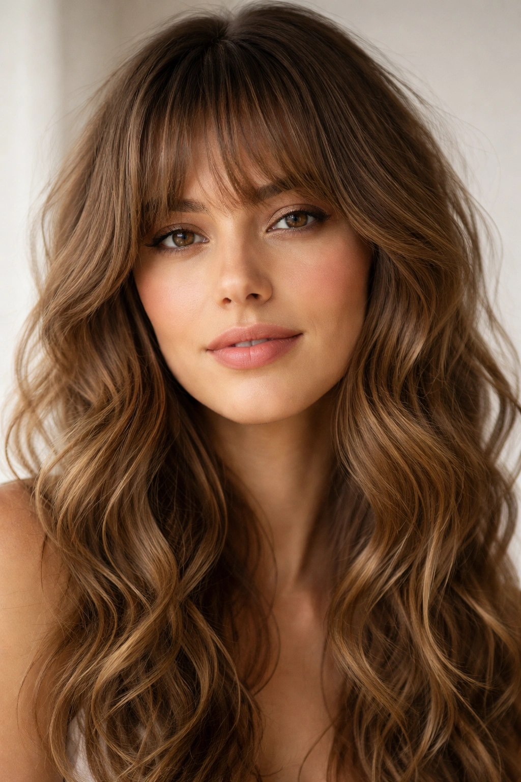 Close-up of soft fringe bangs blending into loose waves on a hair model