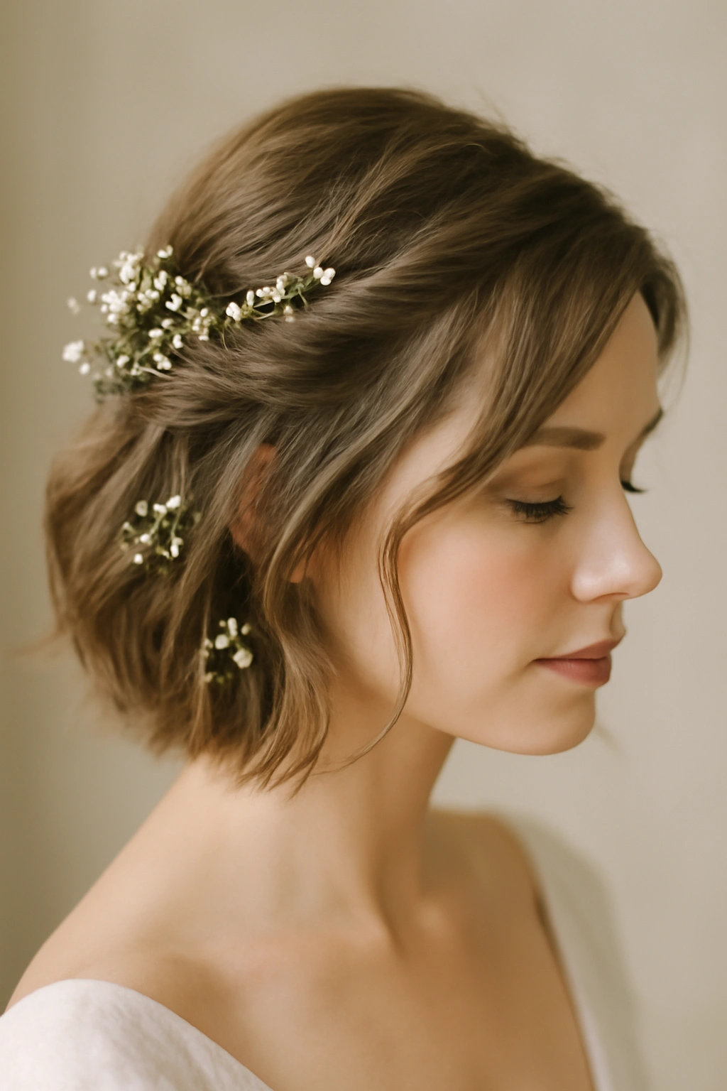 Soft half-up with scattered baby's breath on short hair.