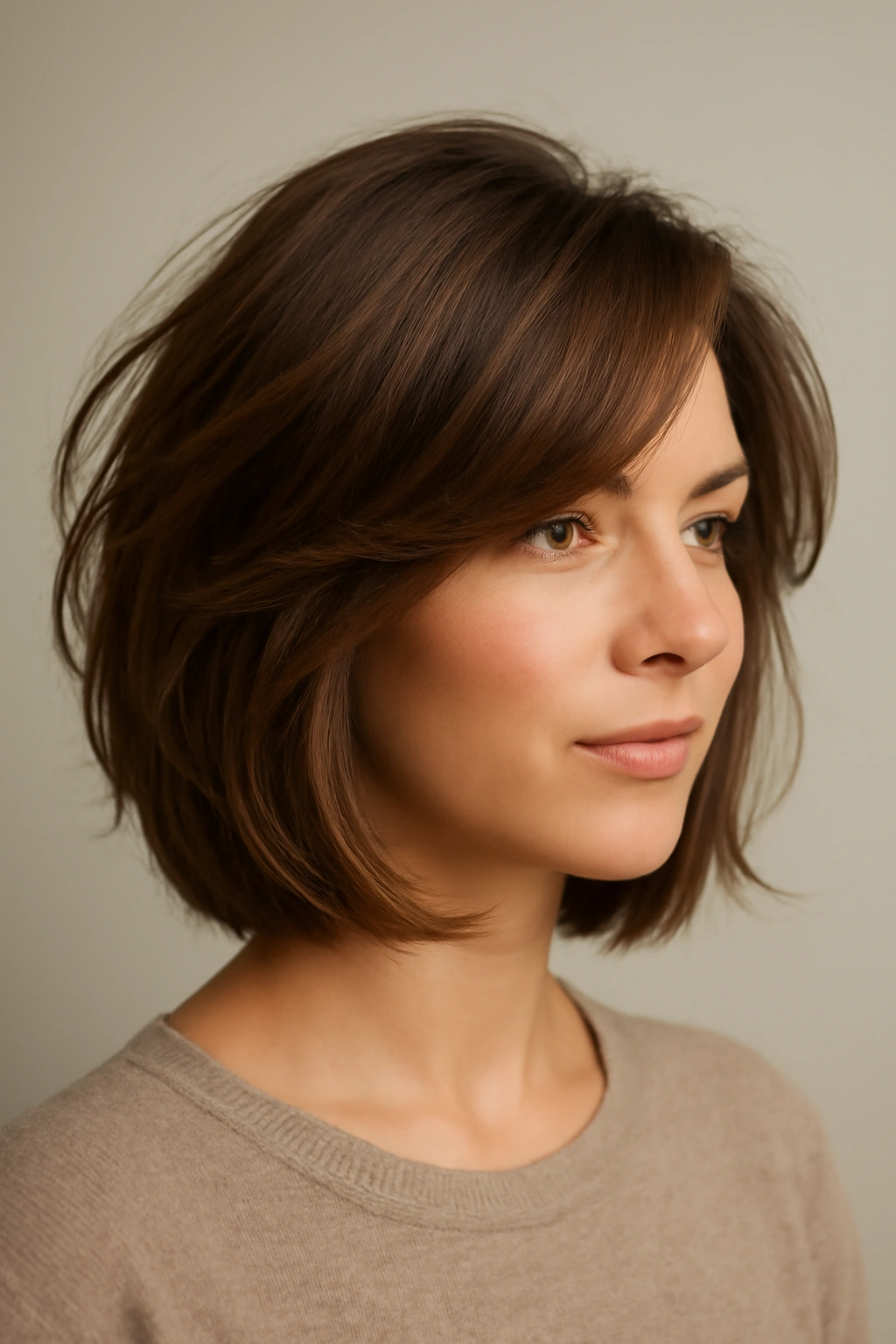 Head-and-shoulders portrait of a model wearing a soft layered bob with gentle movement and subtle dimension.