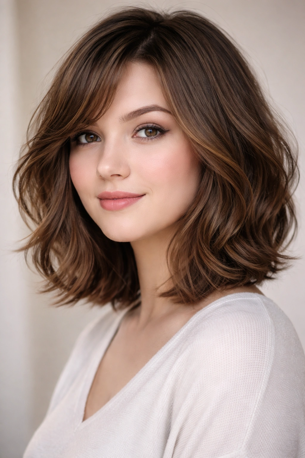 Round-faced model with a softly layered bob and medium wavy hair
