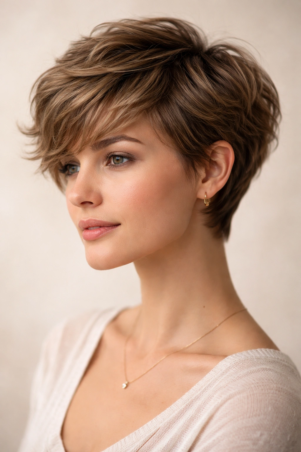 Portrait of a soft layered pixie with gentle length and natural waves
