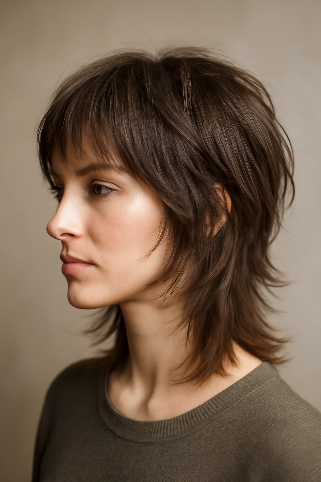 Model with soft layered wolf cut featuring blended transitions and natural texture.