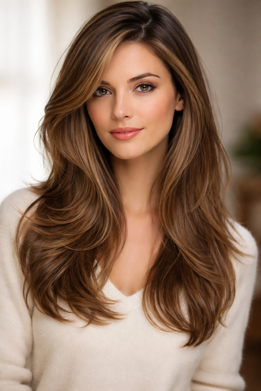 Soft layers with deep side part creating diagonal face framing