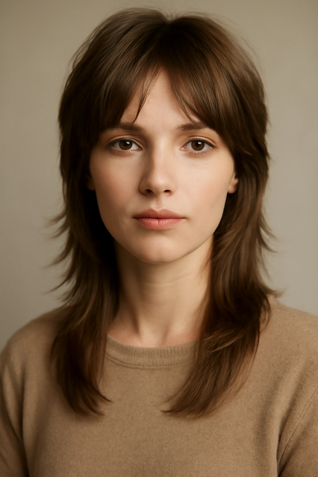 Portrait of a woman with a soft layers mullet showing blended layers and movement in studio lighting