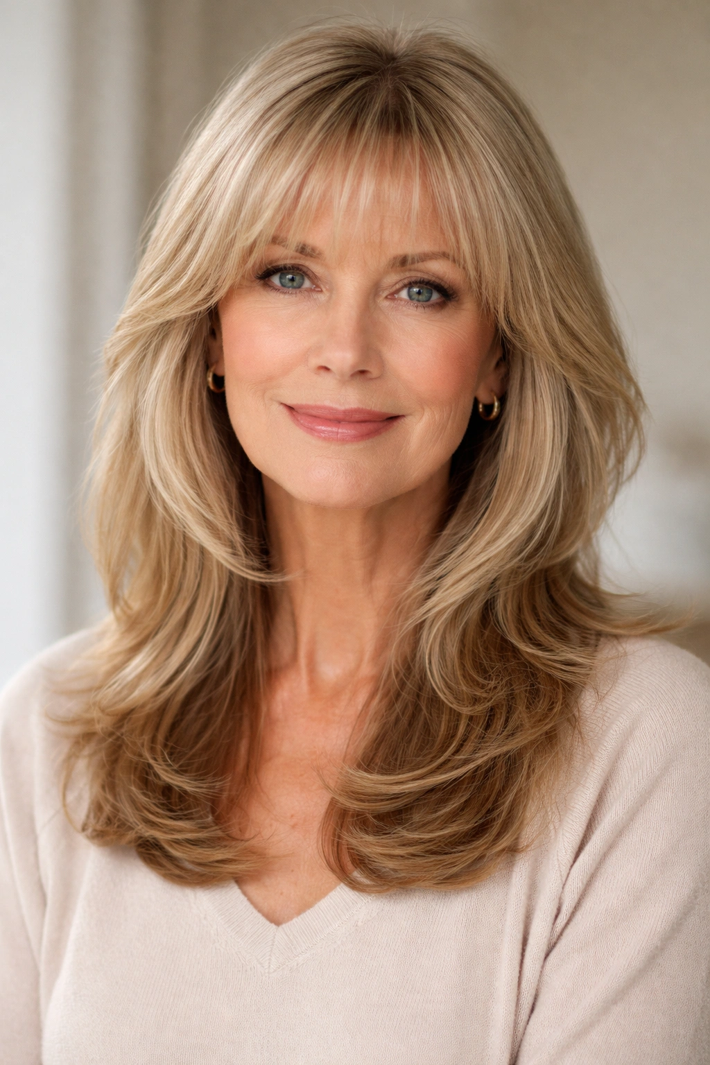 Soft layered hair with wispy bangs lengthened by horizontal line for oblong faces.