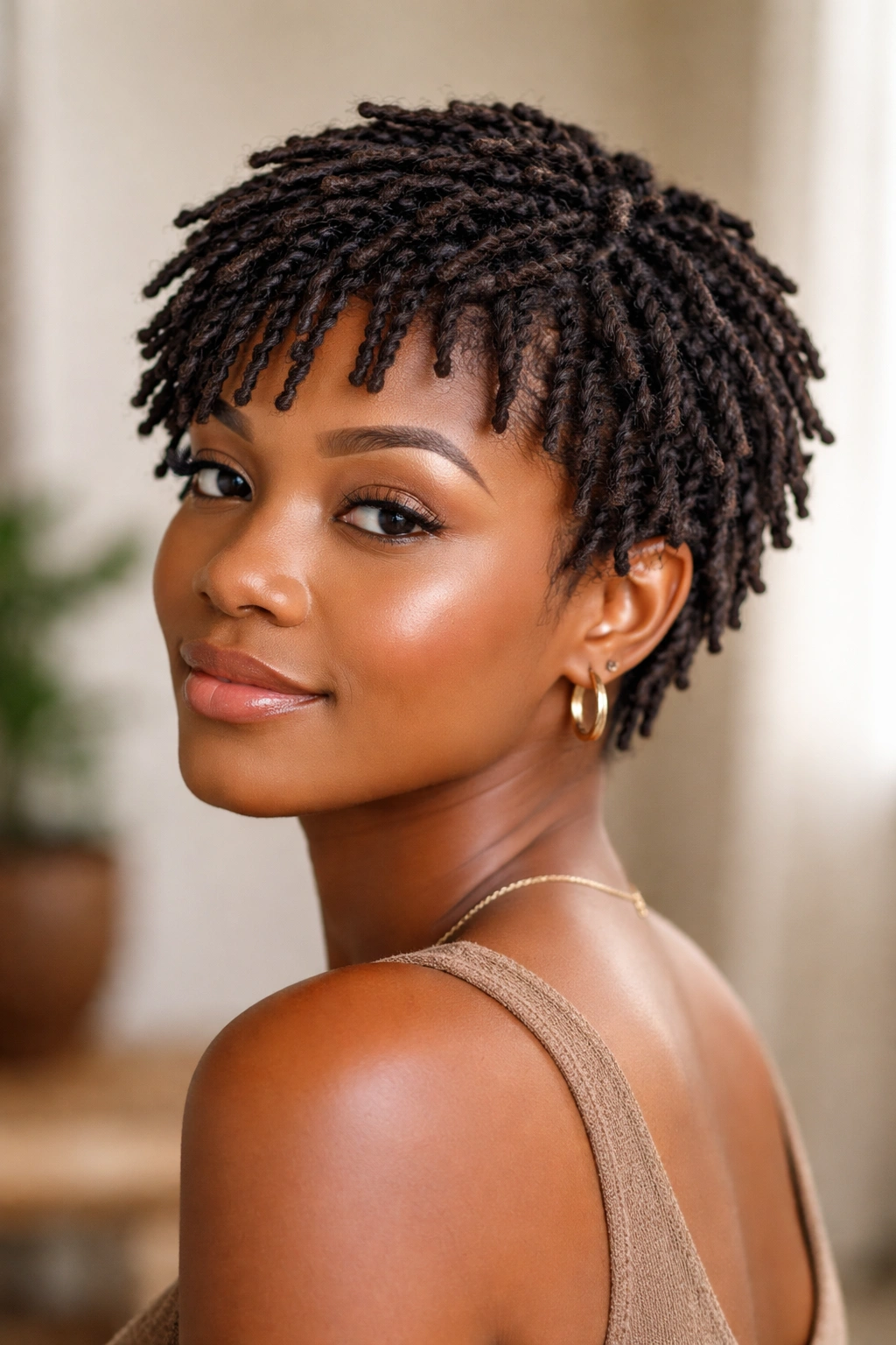 Soft locs-inspired look with small uniform coils on short hair