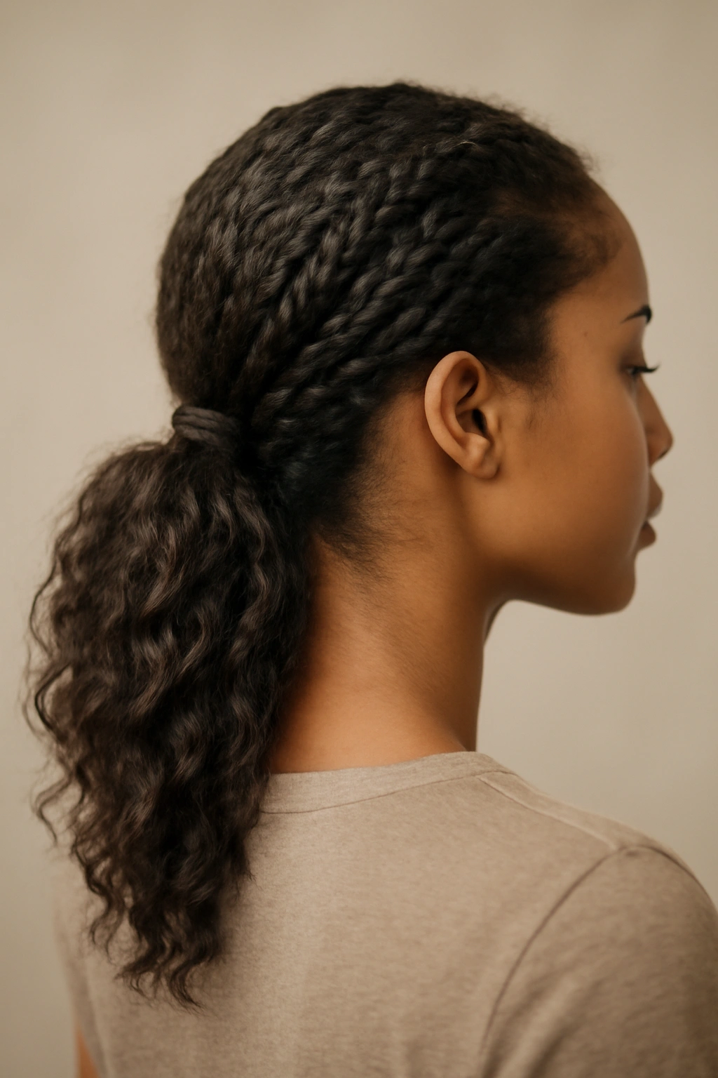 Soft low pony with layered braids softly loosened for fullness at the nape.