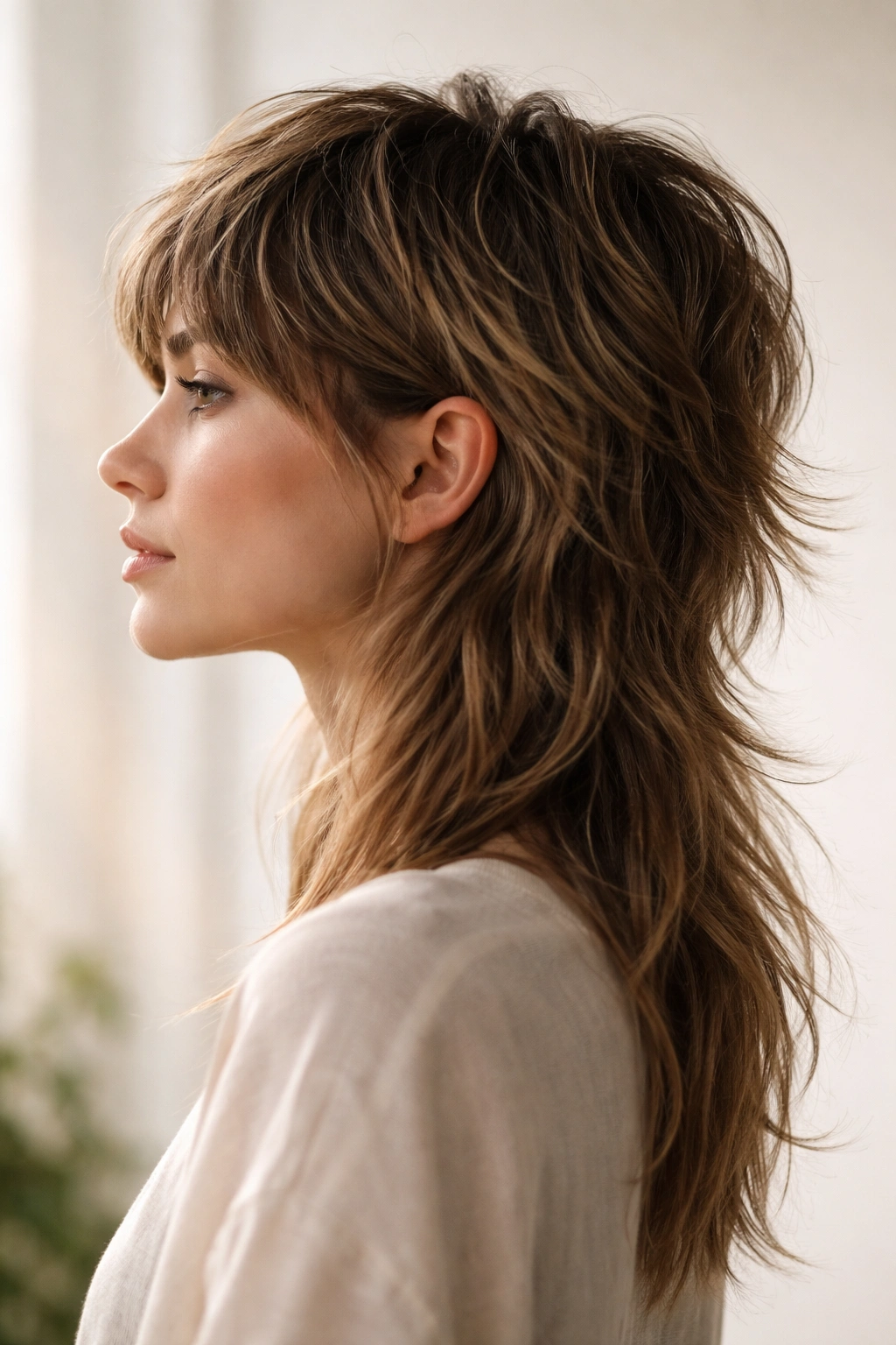 Profile view of a soft mullet shag with voluminous top and longer back.