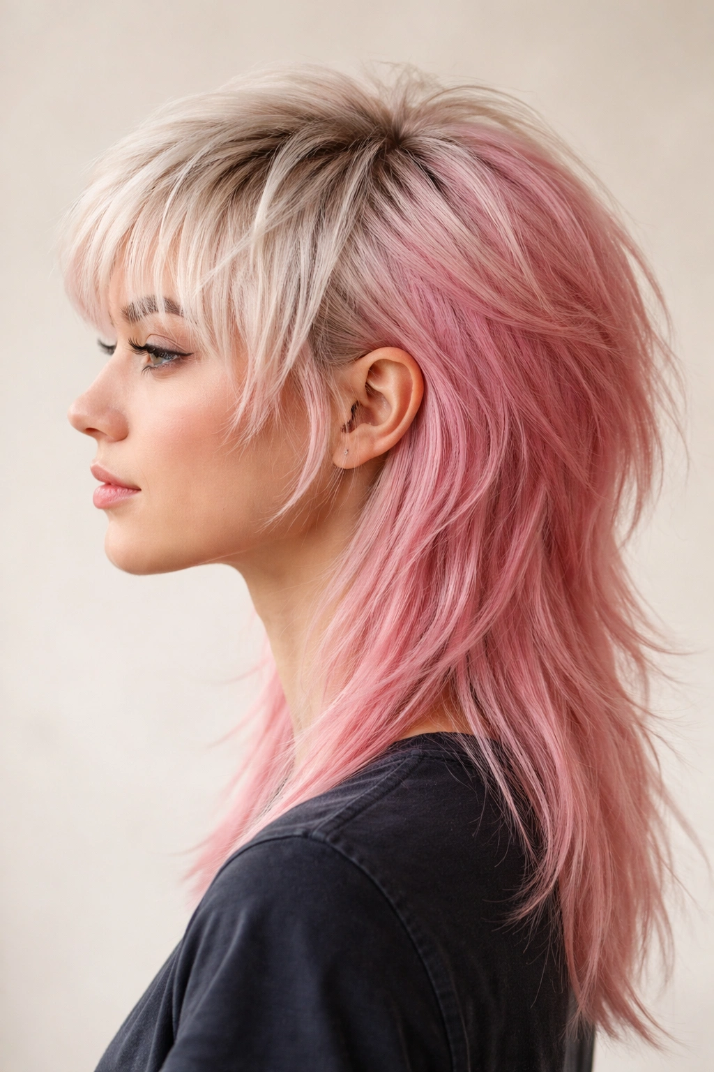 Close-up of a soft pink mullet with platinum blonde front and pink back