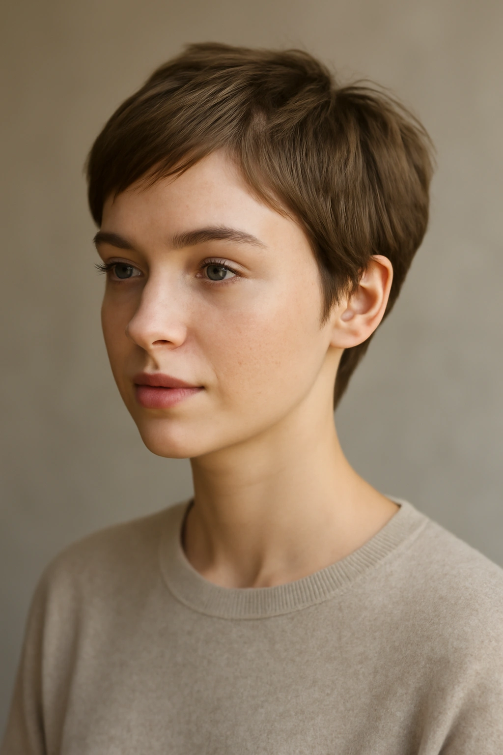 Close-up portrait of a soft pixie crop with gentle edges and natural texture.