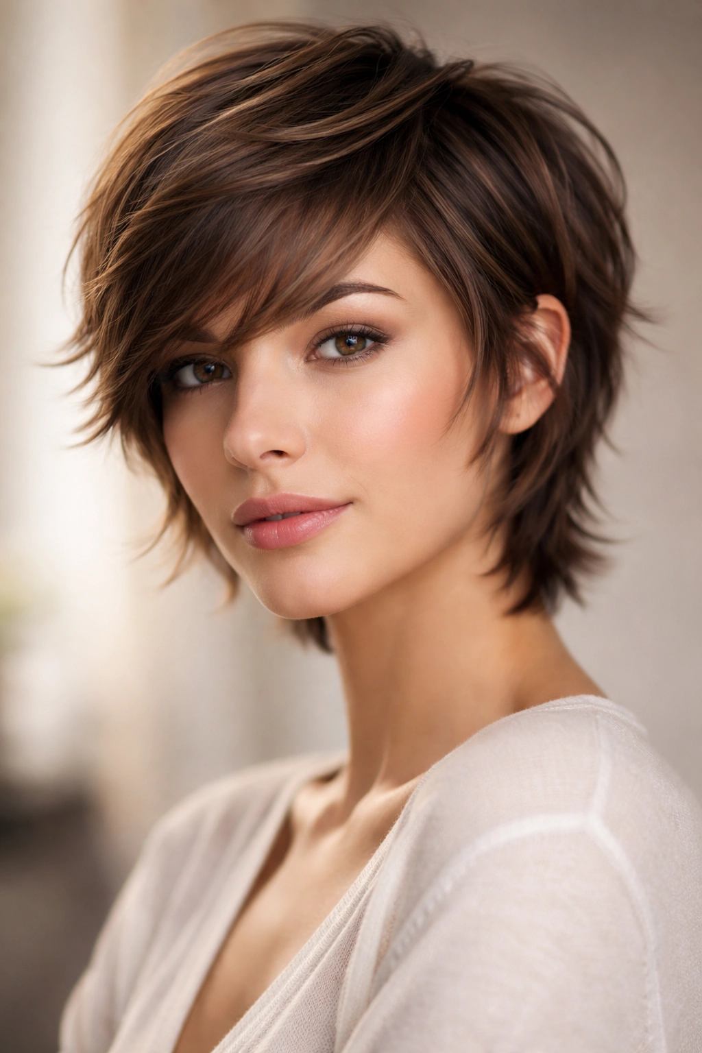 Portrait of soft long pixie with feathered layers framing the face.