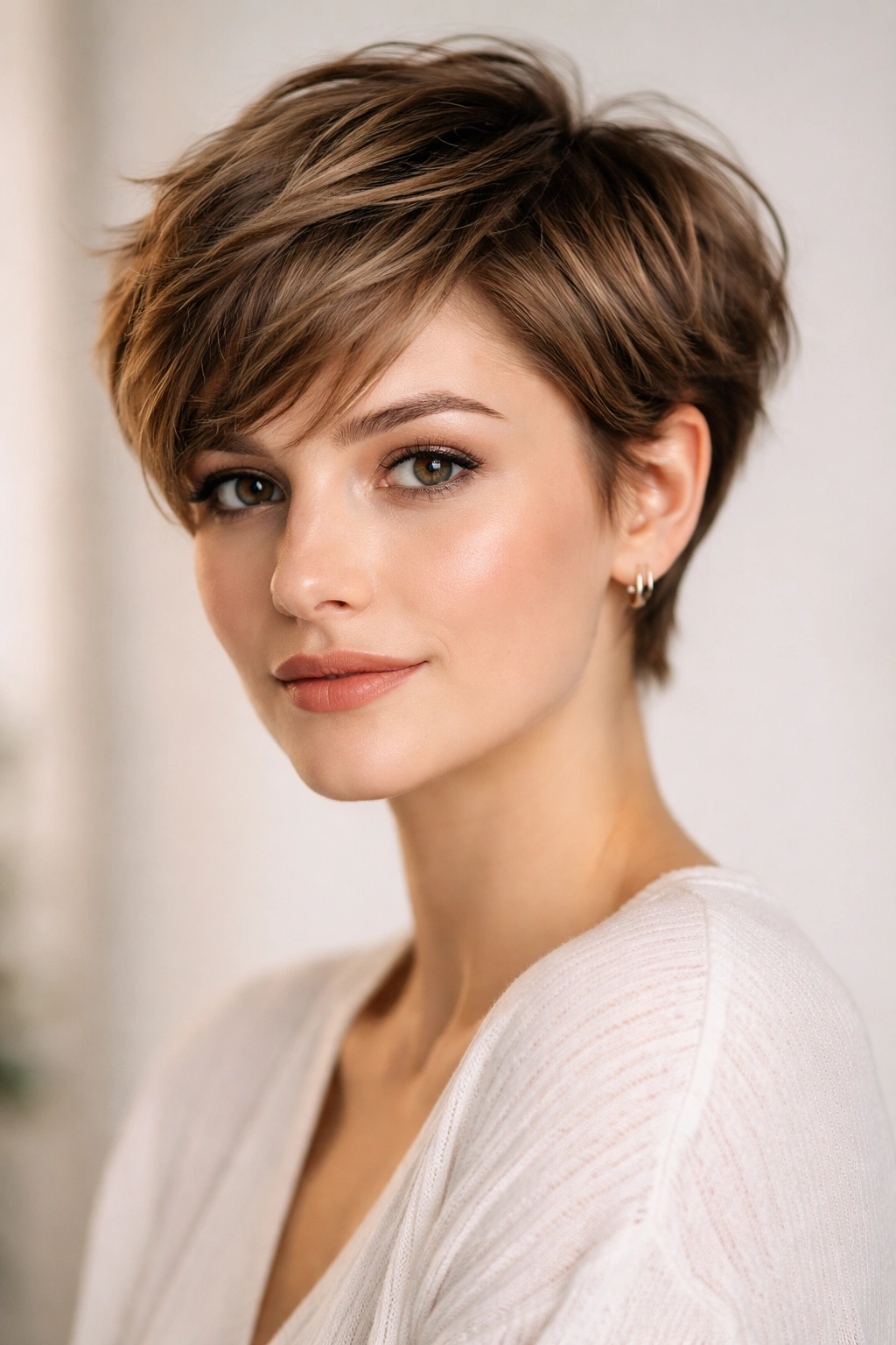 Soft pixie haircut with layered texture and gentle silhouette