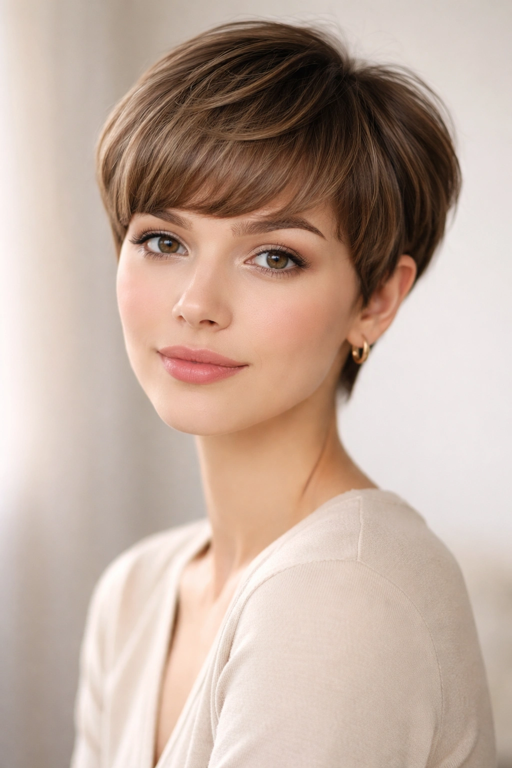 Close-up of a person with a soft rounded pixie and gentle rounded bangs