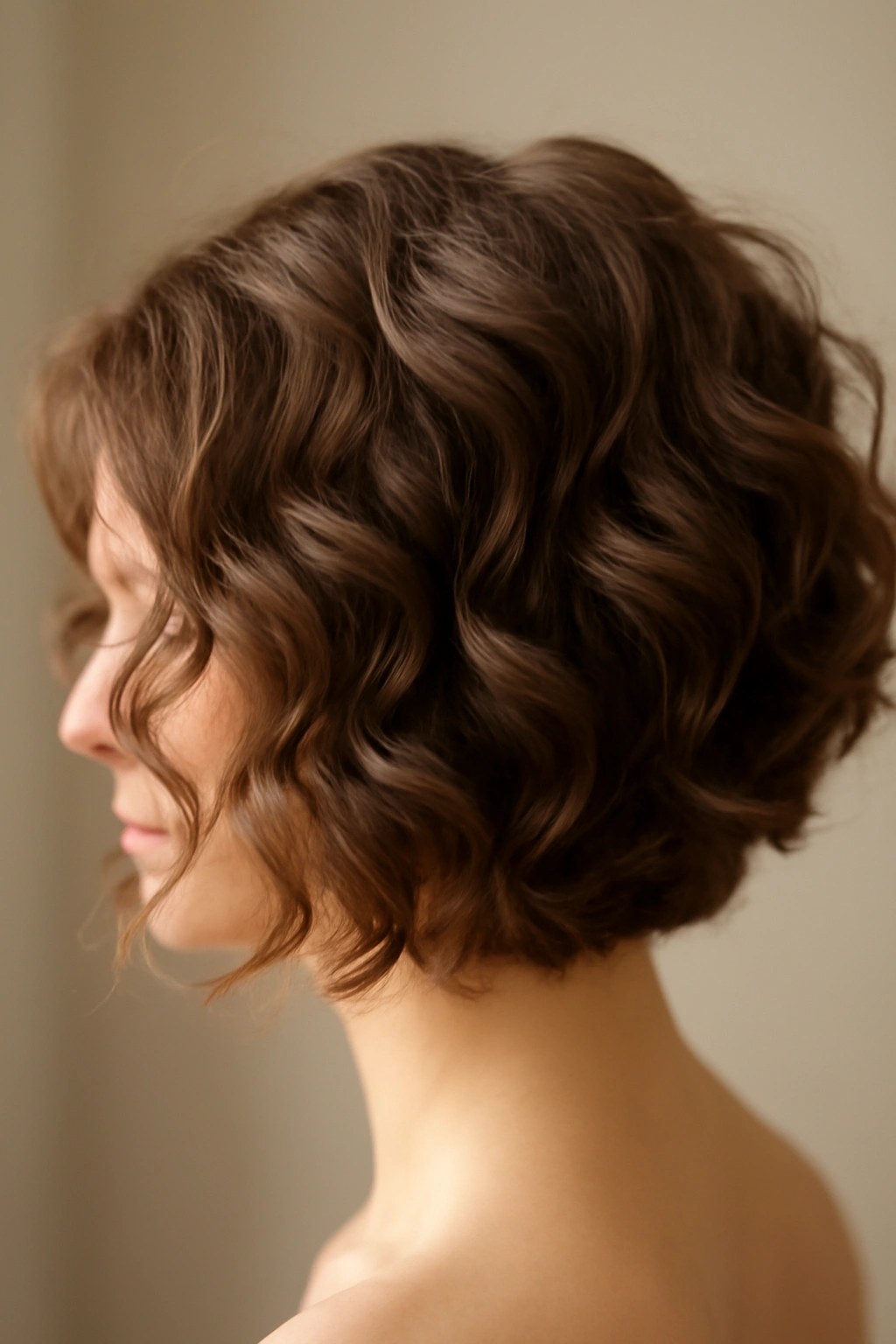 Close-up of soft, loose curls on short hair with natural movement.