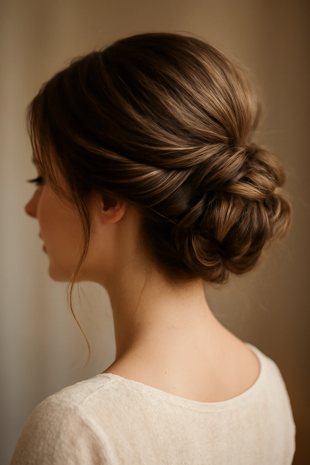 Soft romantic updo on medium straight hair with loose twists