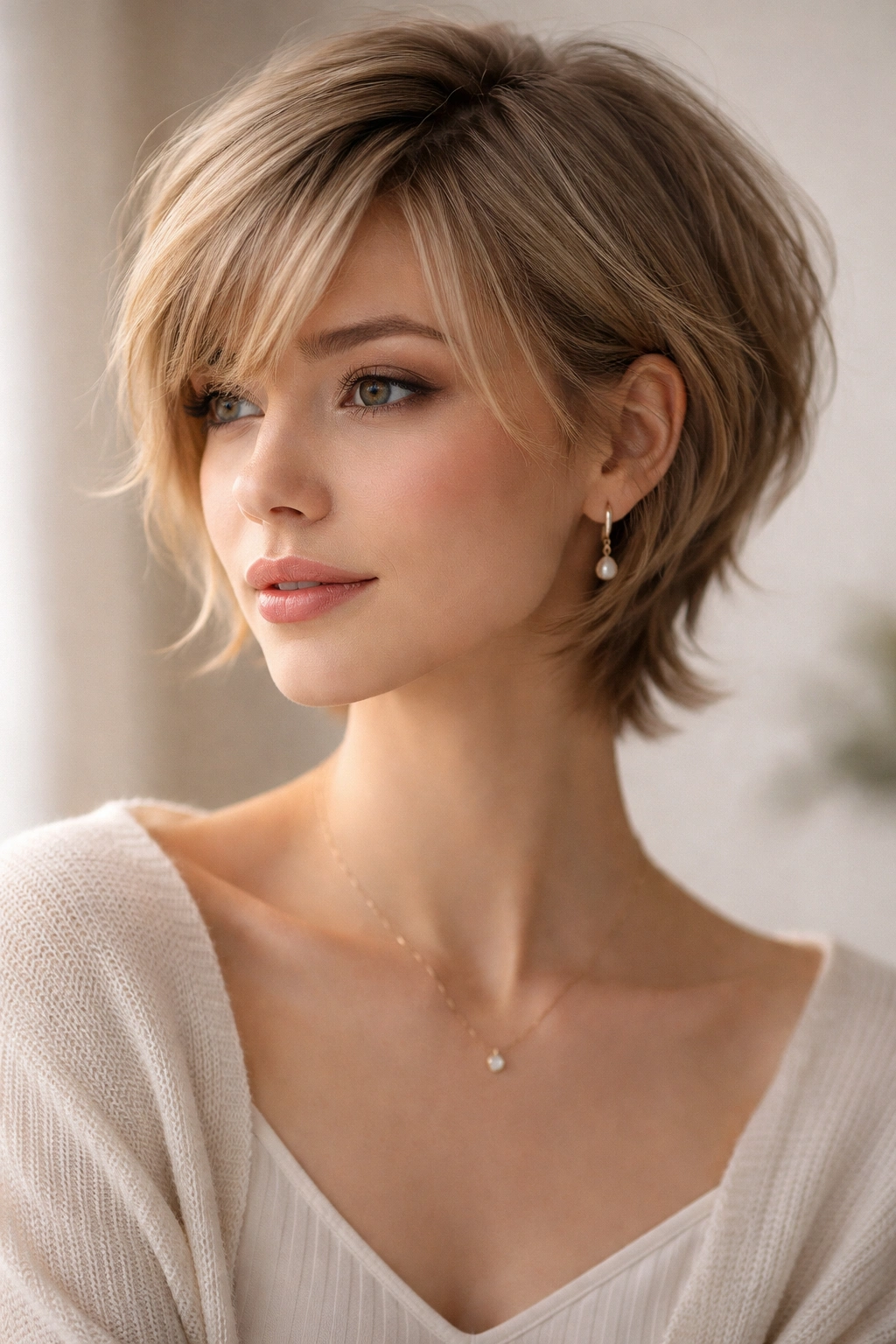 Soft romantic pixie with feathery layers and gentle waves