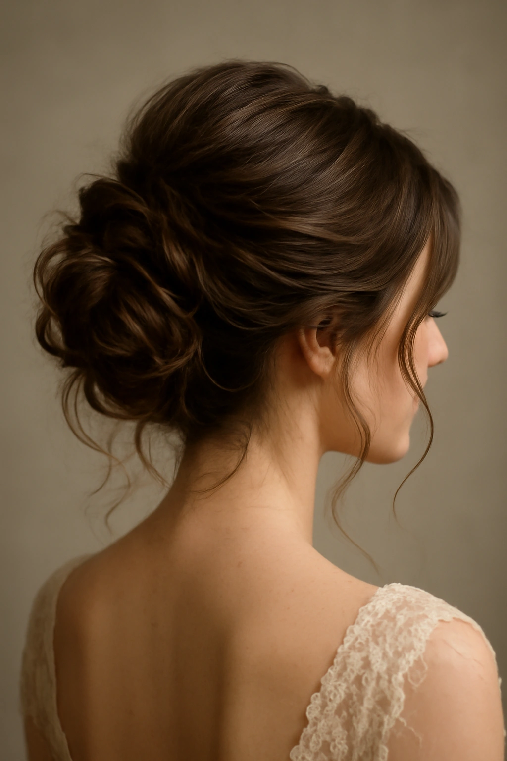 Soft romantic updo with loose tendrils and gentle volume