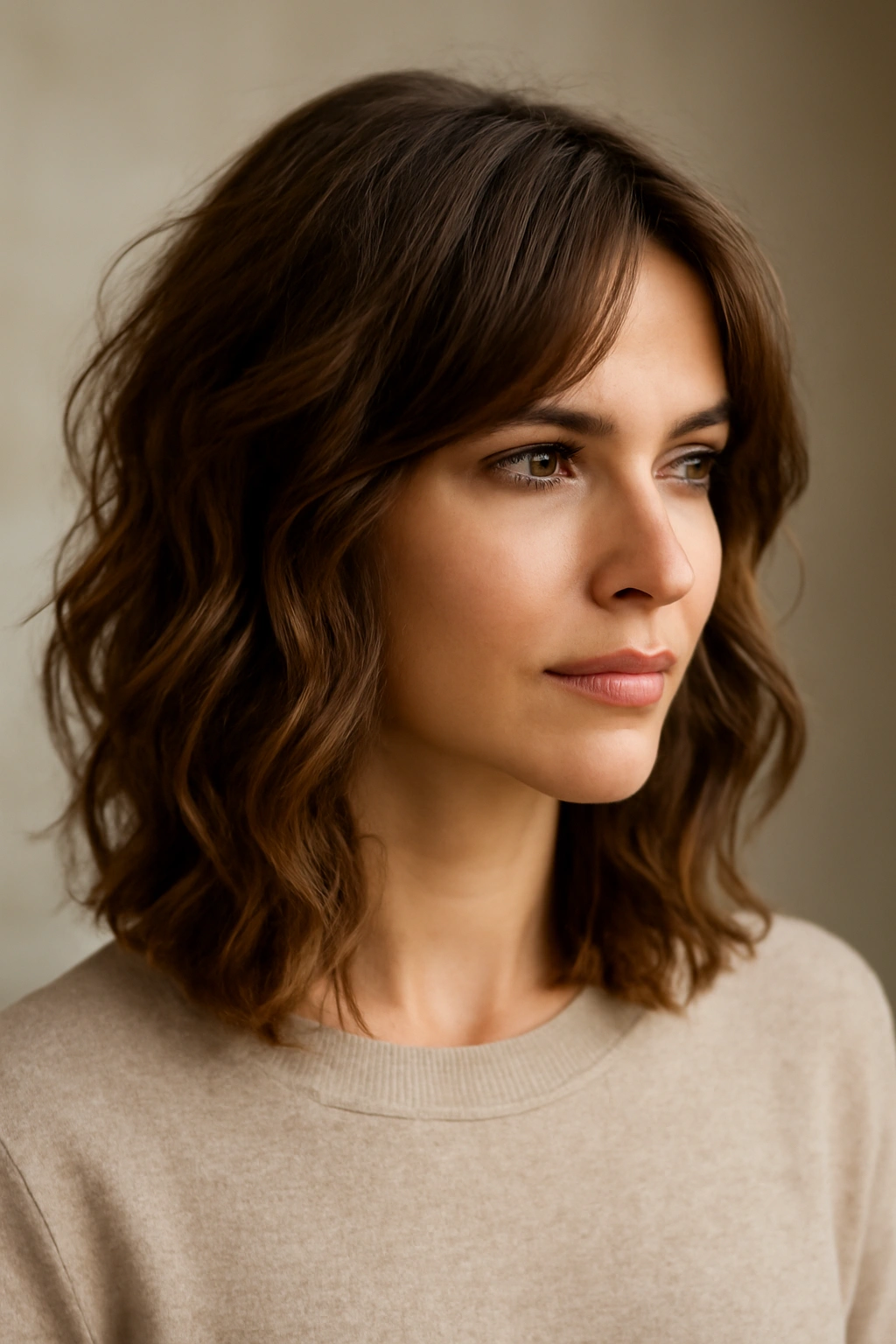 Medium-length cut designed for soft romantic waves with subtle layering