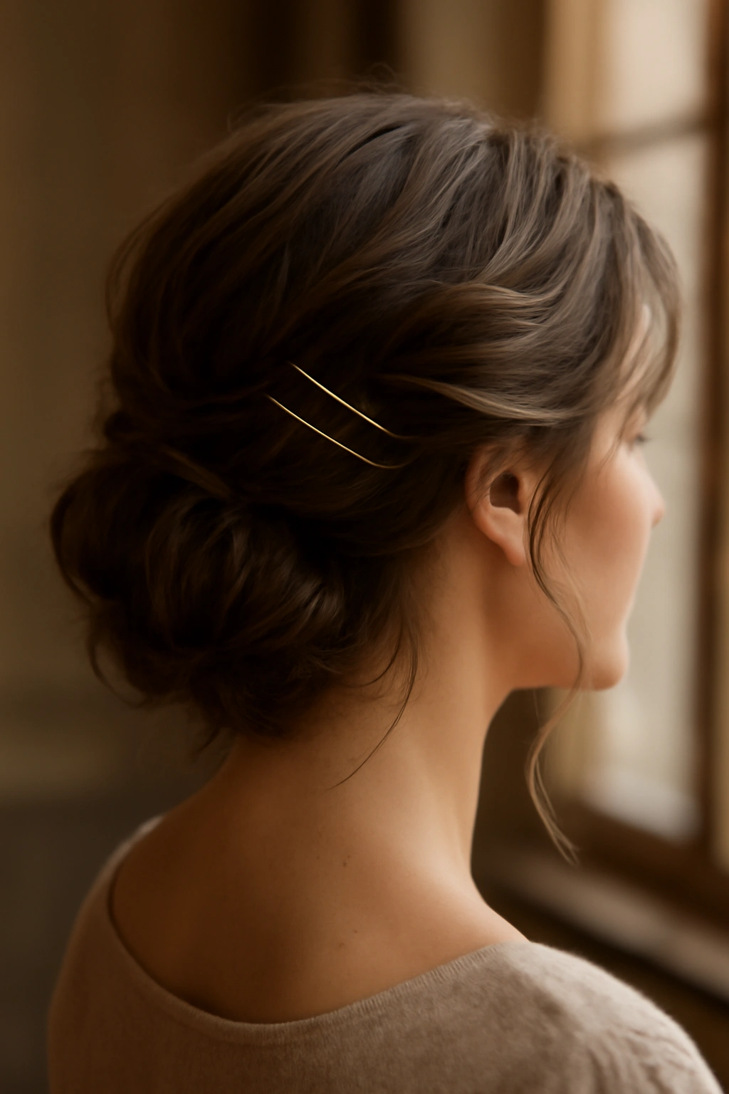 Loose waves pinned up to create a soft updo illusion with hair texture