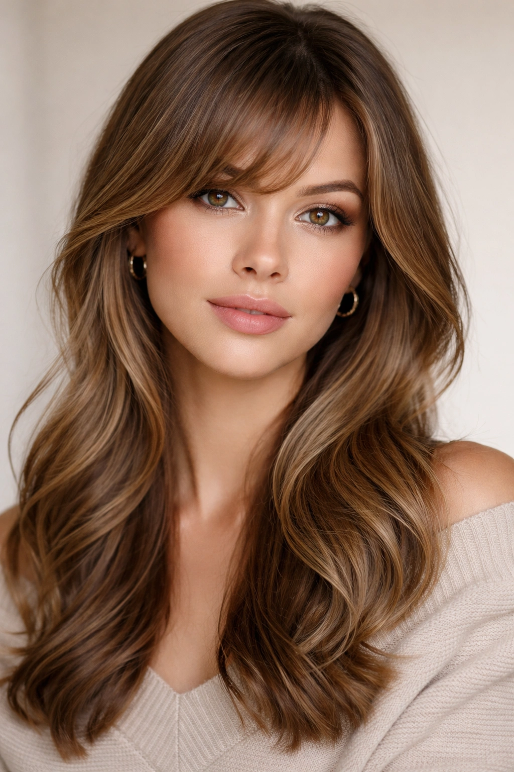 Close-up of soft rounded bangs with a side part forming a gentle curve.
