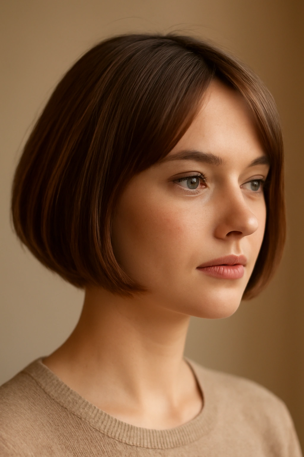 Close-up of a model with a soft rounded chin-length bob framing the jaw.