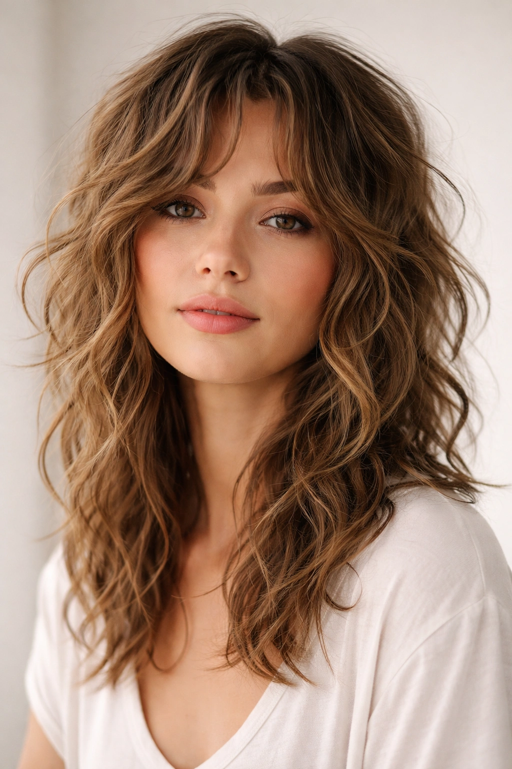 Close-up of a soft shag on wavy curls with front pieces