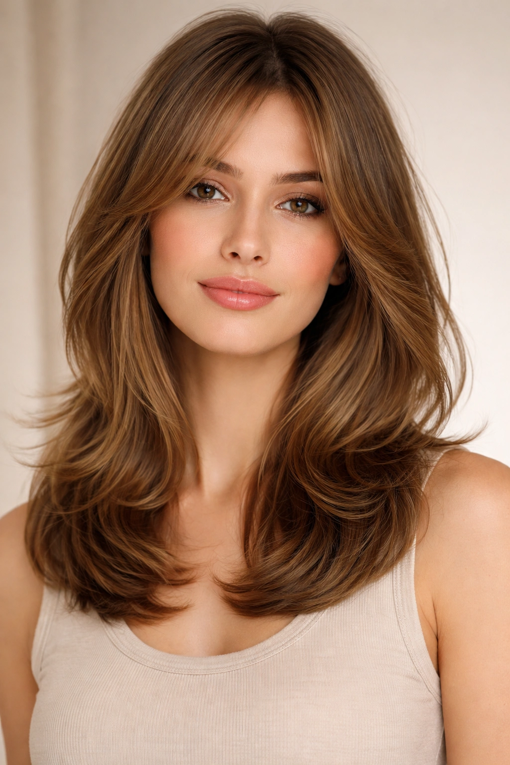 Portrait of soft shoulder-length layered hairstyle with gentle volume