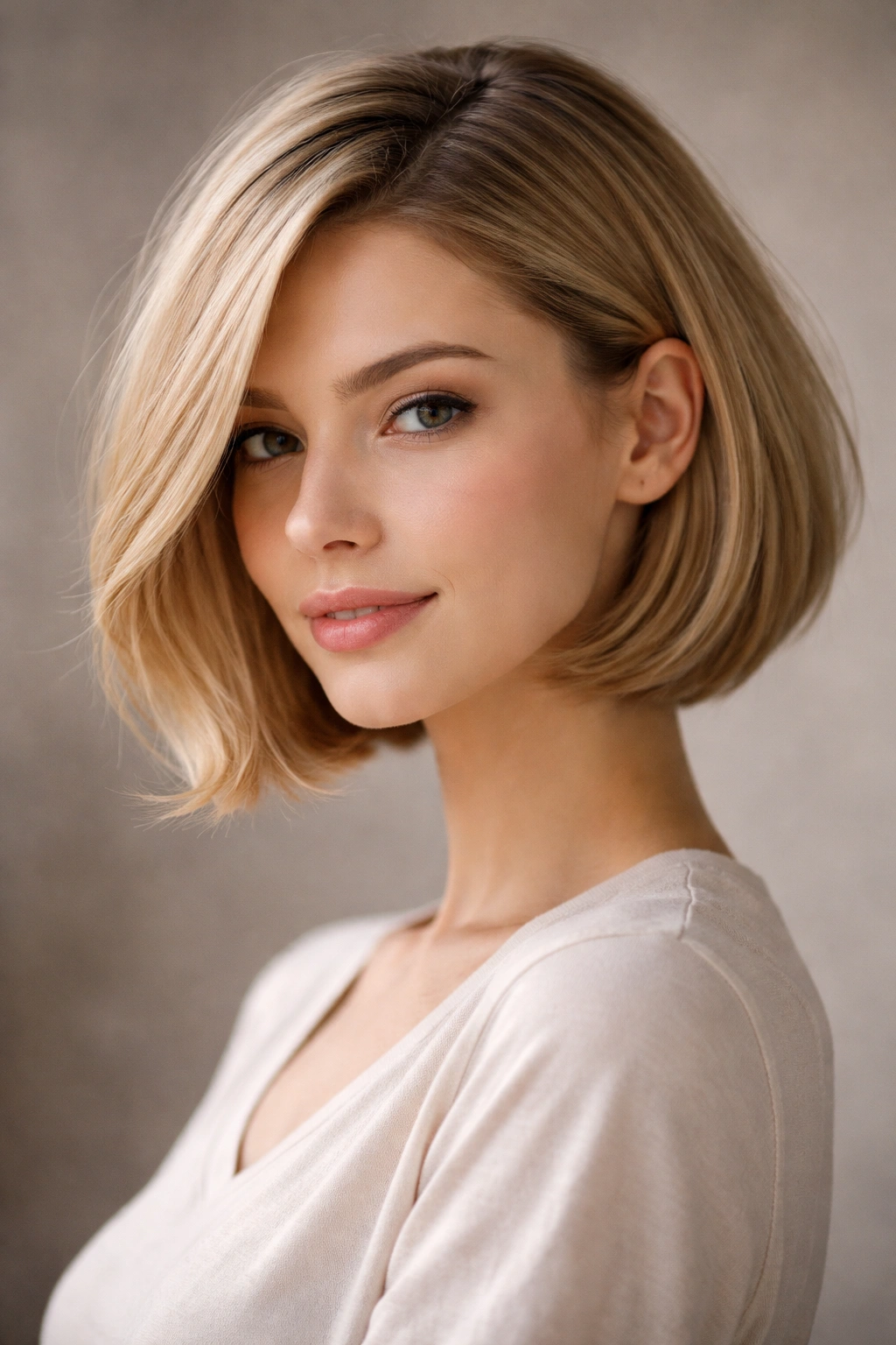 Soft side-parted bob on thin straight hair showing volume from the part.